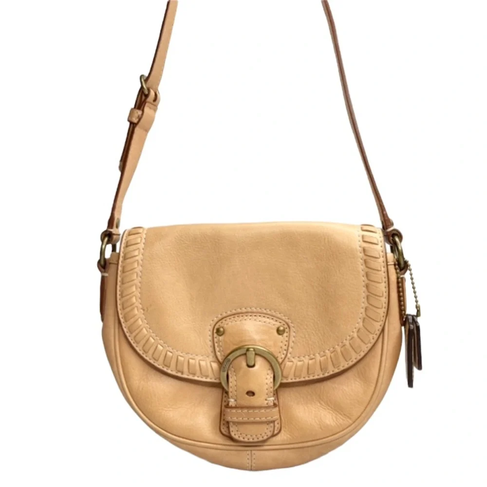 Rare COACH Tan Leather Woven Stitched Buckle Saddle Flap Sling Shoulder Bag EUC